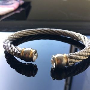 Twisted cable silver tone rhinestone bracelet cuff
